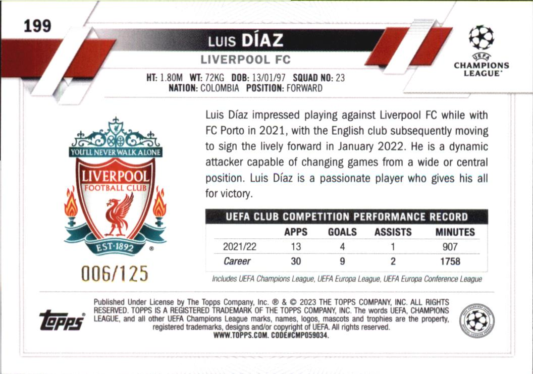 Luis Diaz 2022/23 Topps Club Competitions Blue xx/125#199