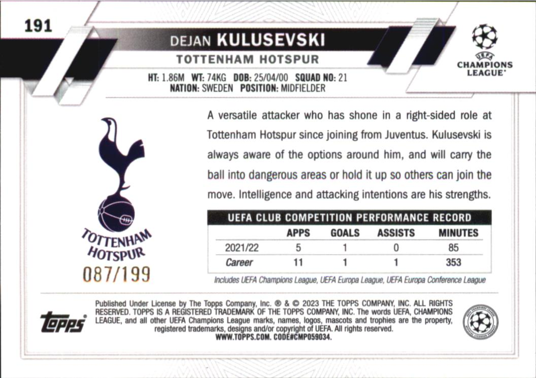 Dejan Kulusevski 2022/23 Topps Club Competitions Green xx/199 #191