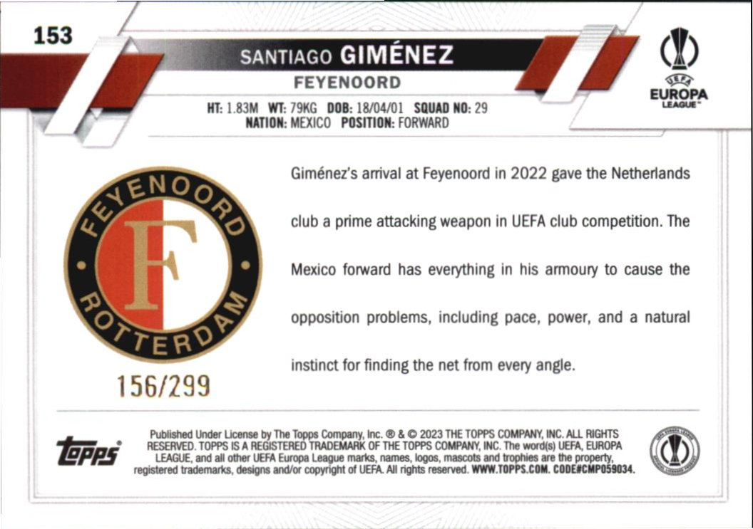 Santiago Gimenez 2022/23 Topps Club Competitions Yellow xx/299 #153 RC