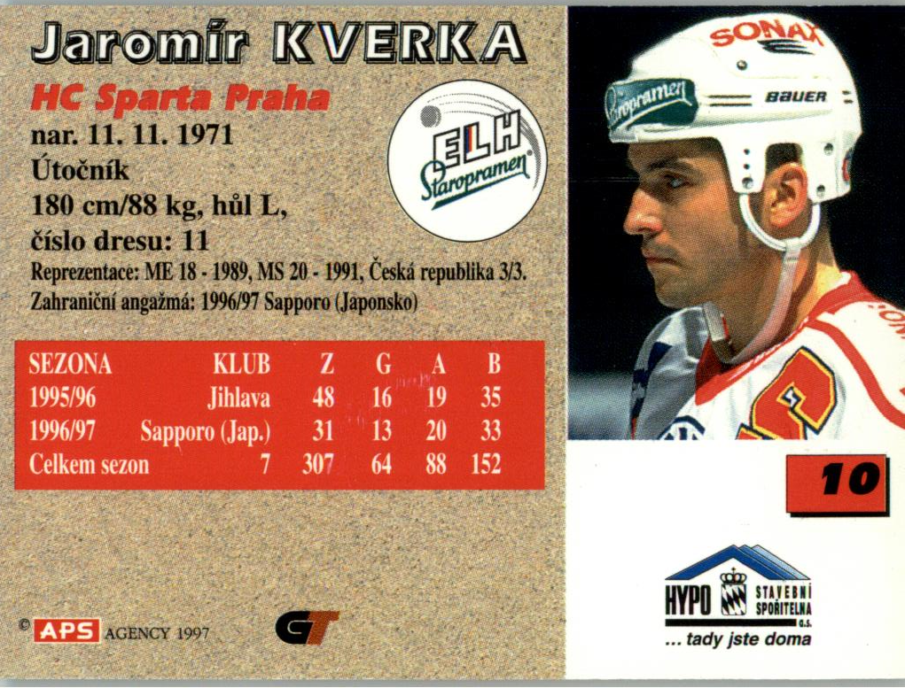 Jaromír Kverka APS 97/98 hokejová karta #10 