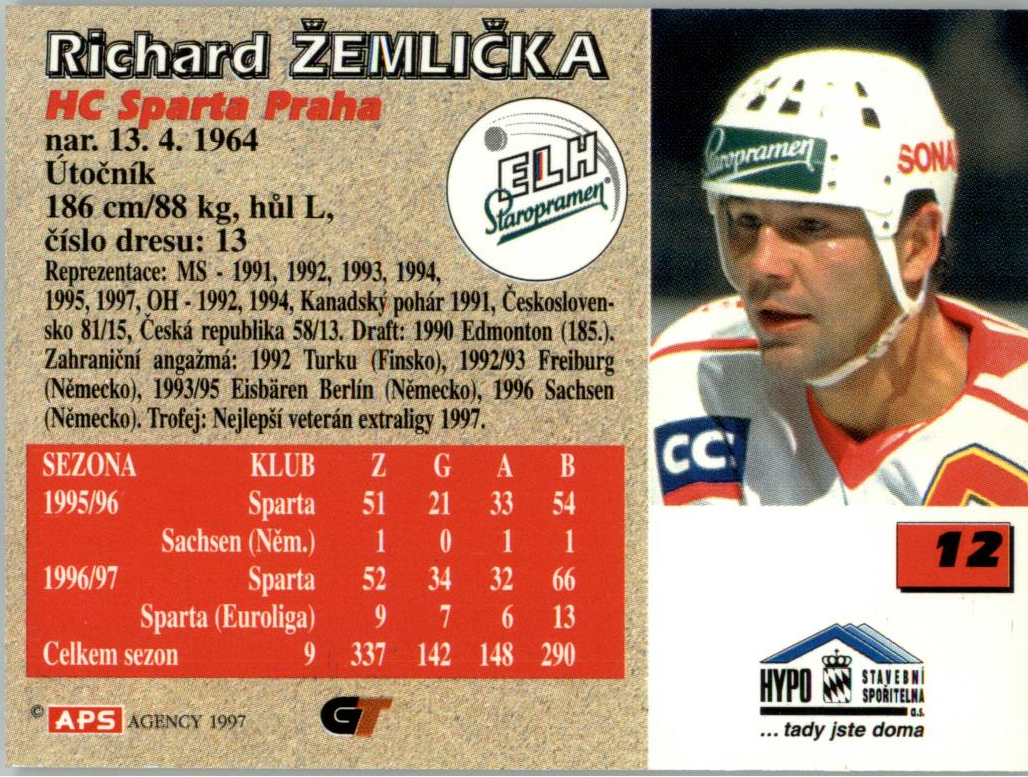 Richard Žemlička APS 97/98 hokejová karta #12 