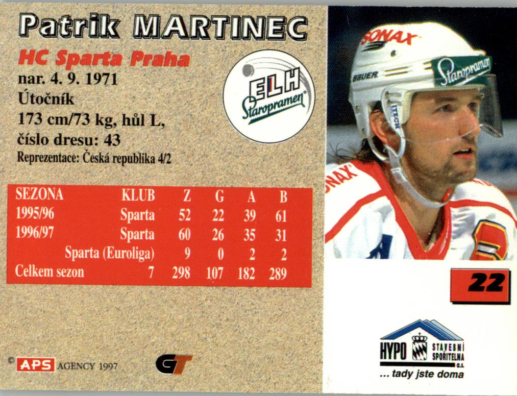 Patrik Martinec APS 97/98 hokejová karta #22 