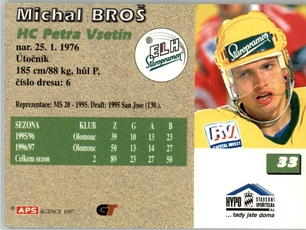 Michal Broš APS 97/98 hokejová karta #33 Vsetín