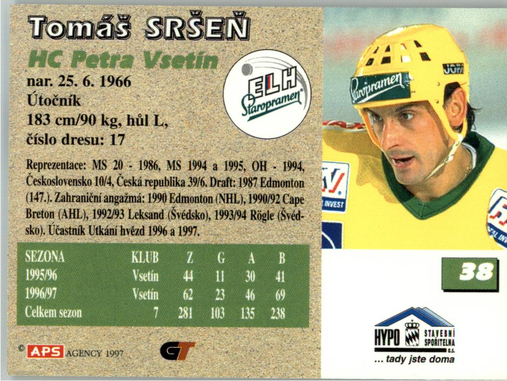 Tomáš Sršeň APS 97/98 hokejová karta #38 Vsetín