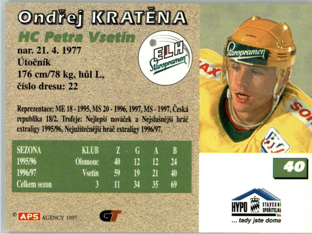 Ondřej Kratěna APS 97/98 hokejová karta #40 Vsetín
