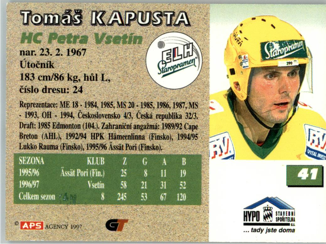 Tomáš Kapusta APS 97/98 hokejová karta #41 Vsetín