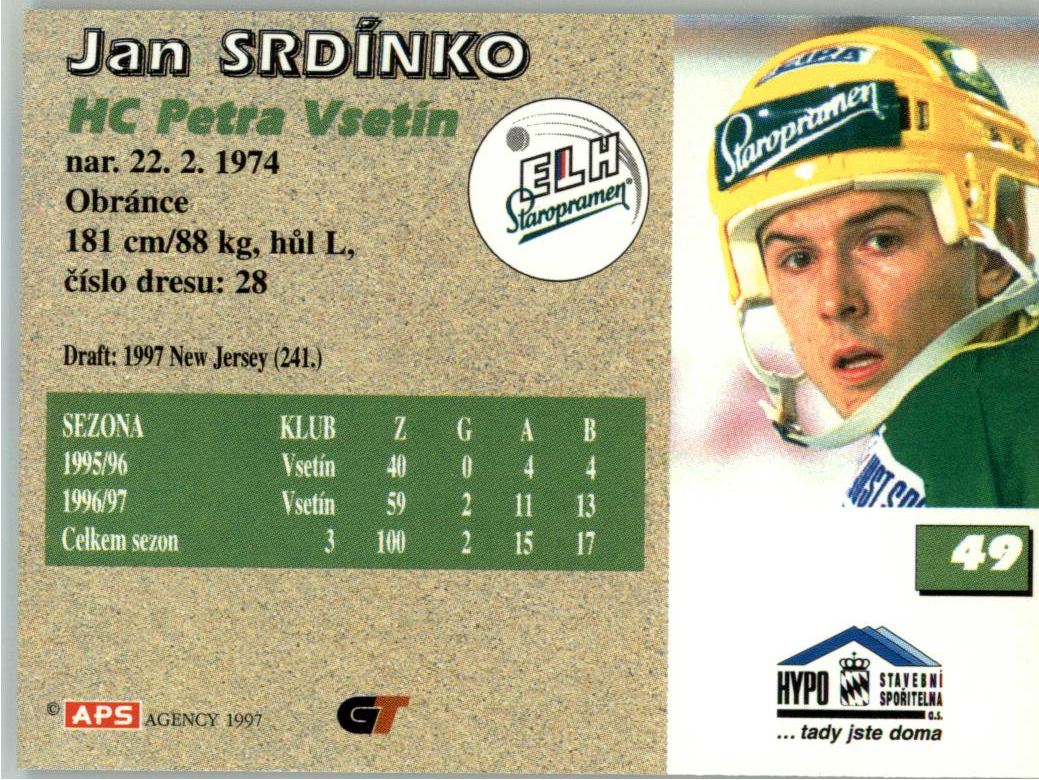 Jan Srdínko APS 97/98 hokejová karta #49 Vsetín