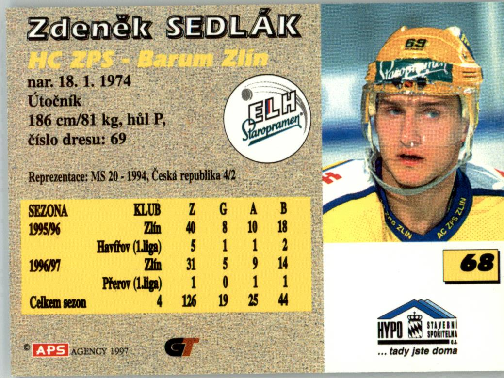 Zdeněk Sedlák APS 97/98 hokejová karta #68