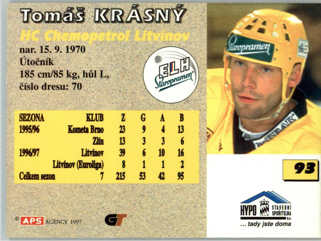 Tomáš Krásný APS 97/98 hokejová karta #93