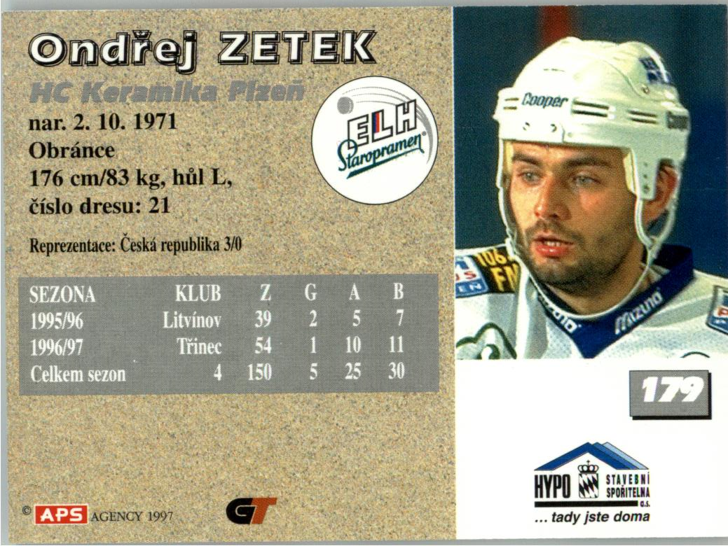 Ondřej Zetek APS 97/98 hokejová karta #179