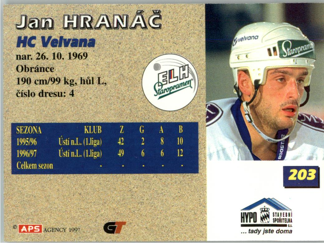 Jan Hranáč APS 97/98 hokejová karta #203