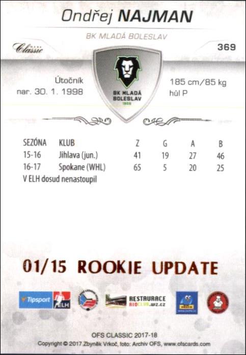 Ondřej Najman 2017/18 OFS hokejová karta Red xx/15 Rookie#369