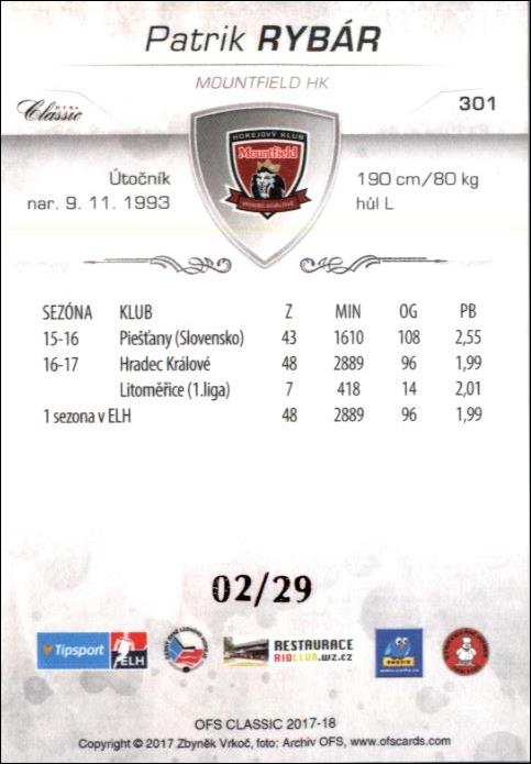 Patrik Rybár (G) 2017/18 OFS hokejová karta Red xx/29 #301