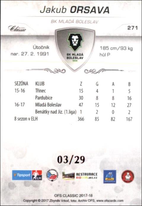 Jakub Orsava 2017/18 OFS hokejová karta Red xx/29 #271