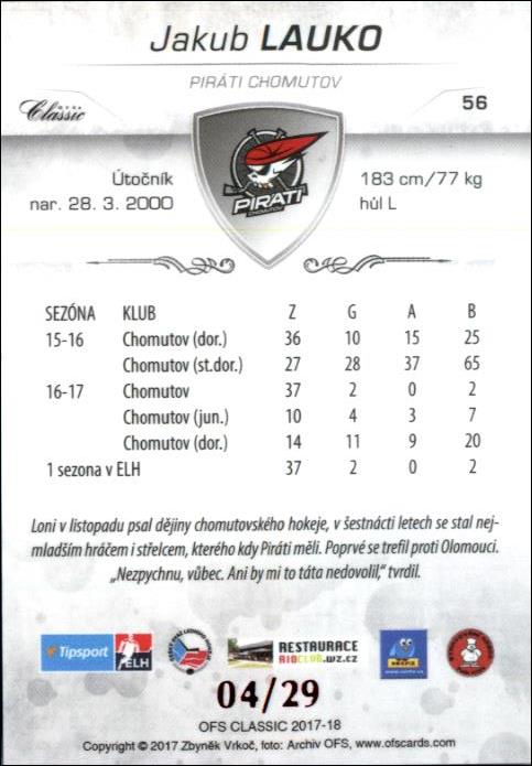 Jakub Lauko 2017/18 OFS hokejová karta Red xx/29 #56