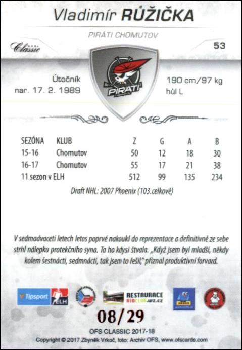 Vladimír Růžička 2017/18 OFS hokejová karta Red xx/29 #53