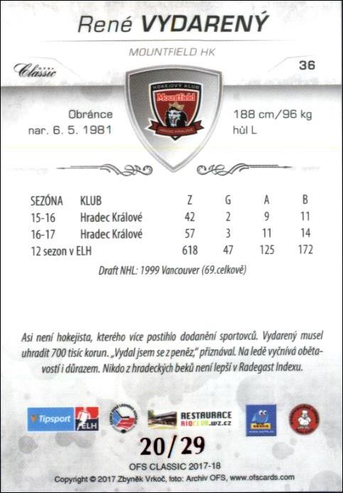 René Vydarený 2017/18 OFS hokejová karta Red xx/29 #36
