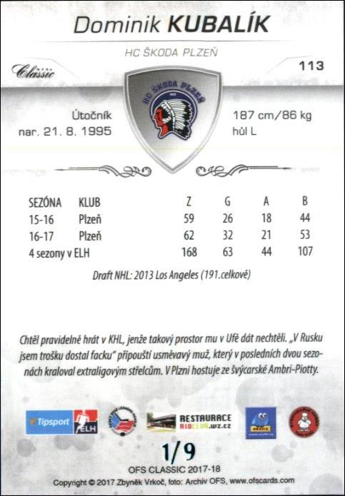 Dominik Kubalík 2017/18 OFS hokejová karta Blue 1/9 #113