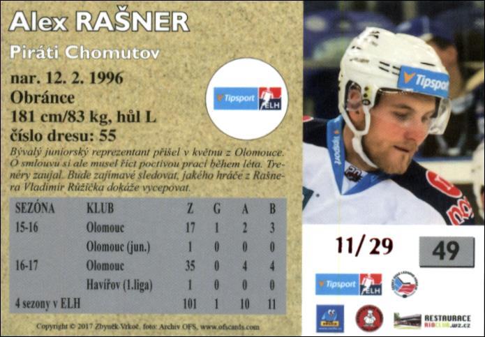 Alex Rašner 2017/18 OFS hokejová karta Retro Red xx/29 #49