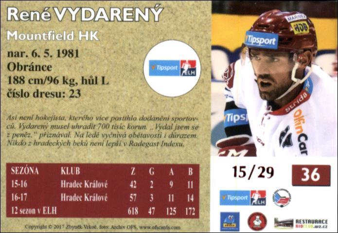 René Vydarený 2017/18 OFS hokejová karta Retro Red xx/29 #36