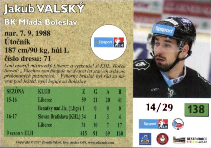 Jakub Valský 2017/18 OFS hokejová karta Retro Red xx/29 #138