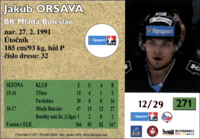 Jakub Orsava 2017/18 OFS hokejová karta Retro Red xx/29 #271
