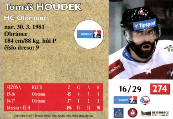 Tomáš Houdek 2017/18 OFS hokejová karta Retro Red xx/29 #274