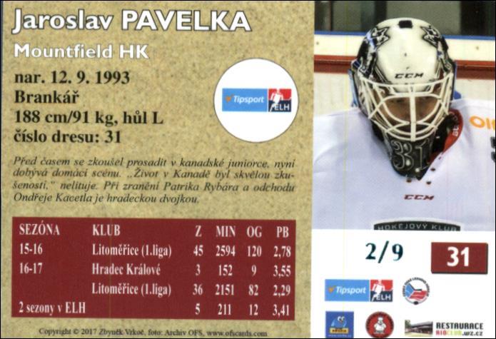 Jaroslav Pavelka (G) 2017/18 OFS hokejová karta Retro Blue 2/9 #31