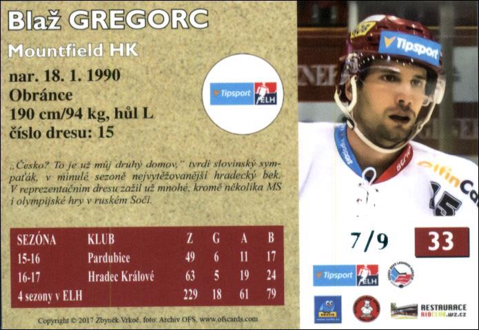Blaž Gregorc 2017/18 OFS hokejová karta Retro Blue 7/9 #33