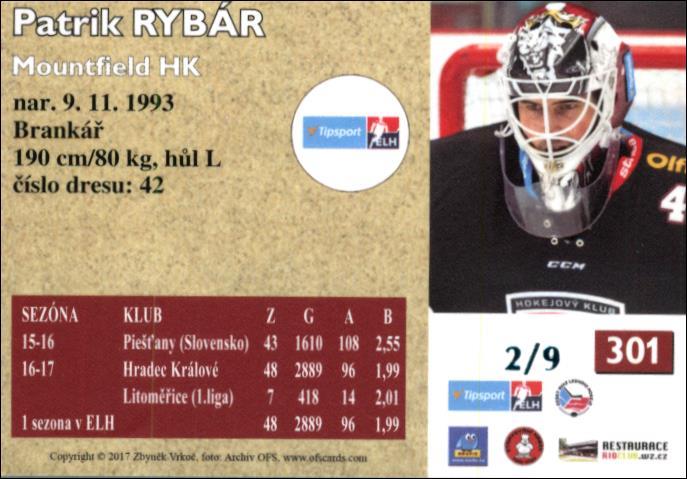 Patrik Rybár (G) 2017/18 OFS hokejová karta Retro Blue 2/9 #301