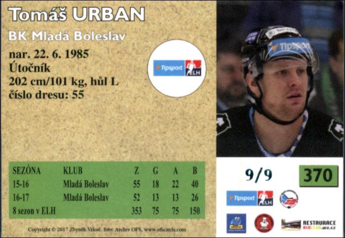Tomáš Urban 2017/18 OFS hokejová karta Retro Blue 9/9#370