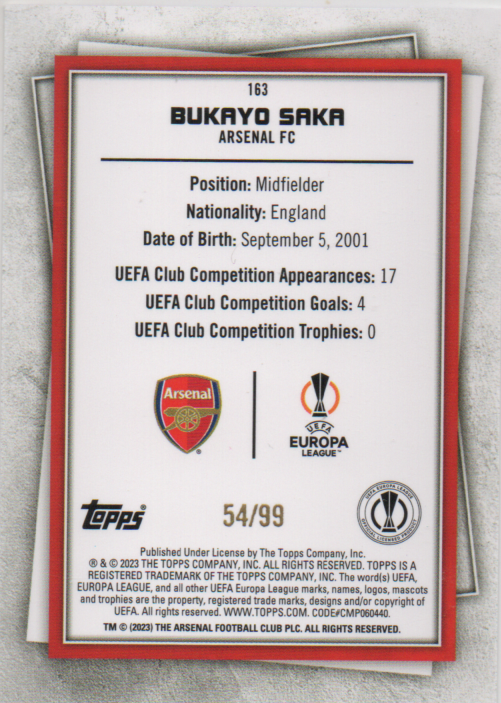 Bukayo Saka 2022/23 Topps Superstars ultra rare xx/99 #163