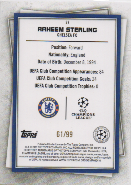 Raheem Sterling 2022/23 Topps Superstars ultra rare xx/99 #27