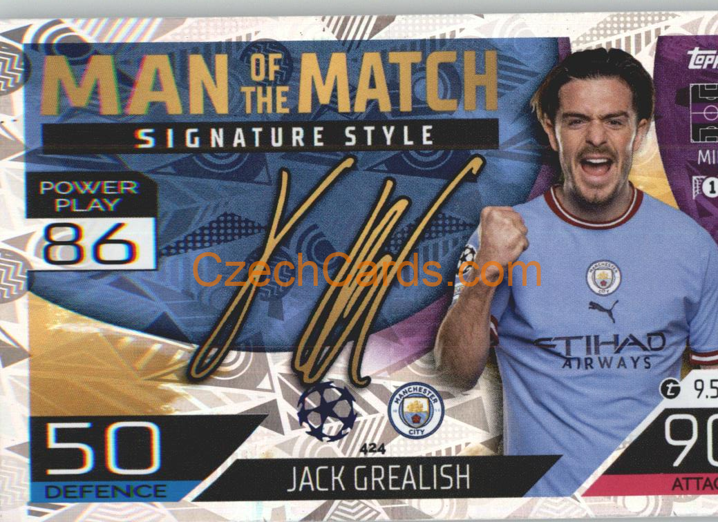 Jack Grealish Topps Match Attax 2022/23 Man of the Match Signature Style #424