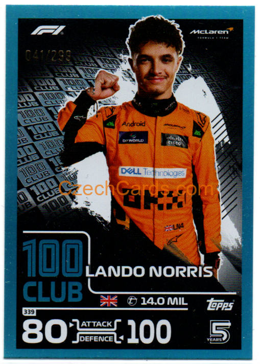 Lando Norris 100 Club 2024 Topps Turbo Attax Blue xx/299 #339